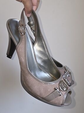 ☆Anne Klein Taupe Suede Peep-Toe Slingback Heels with Silver Hardware☆